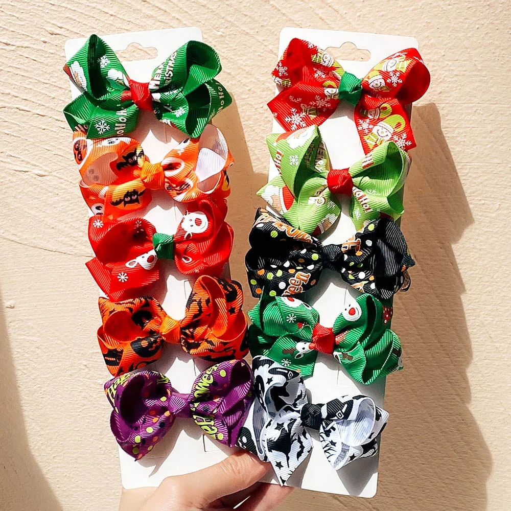 10Pcs/Set Newborn Halloween Christmas Bow Hair Clips Baby Girl Fashion Holiday Party Hair Clips Baby Hair Accessories Wholesale