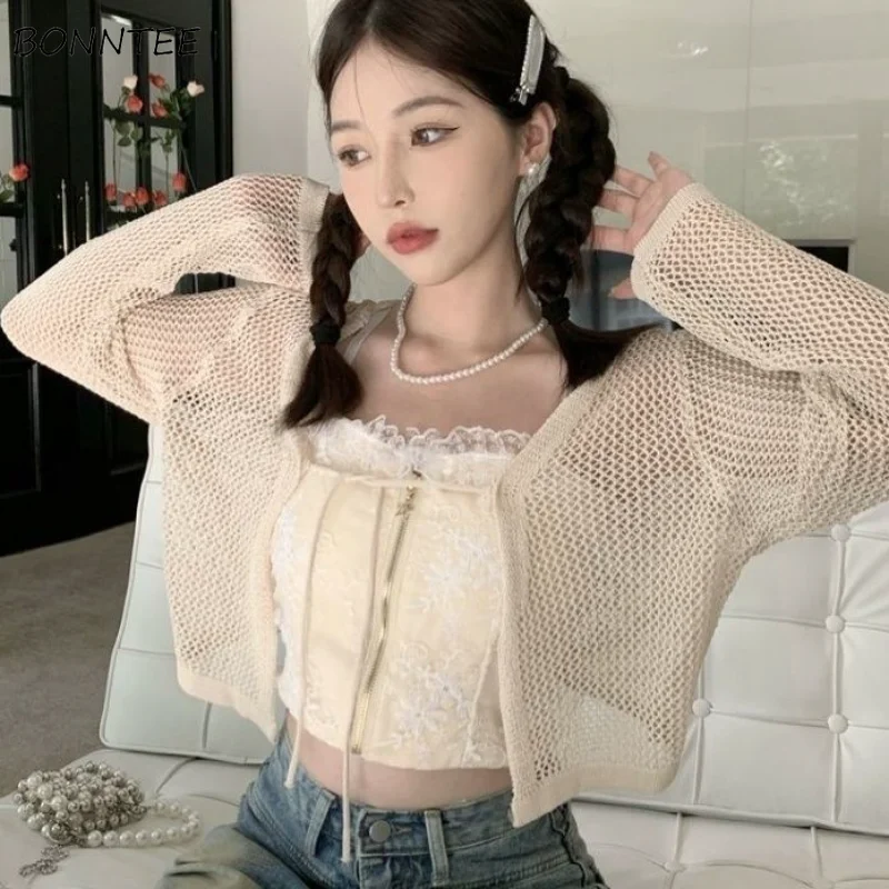 Crop Cardigan Women Summer Lazy Solid Hollow Out Temper Sun-proof Korean Style Loose Fashion Casual Bandage All-match Teens Chic