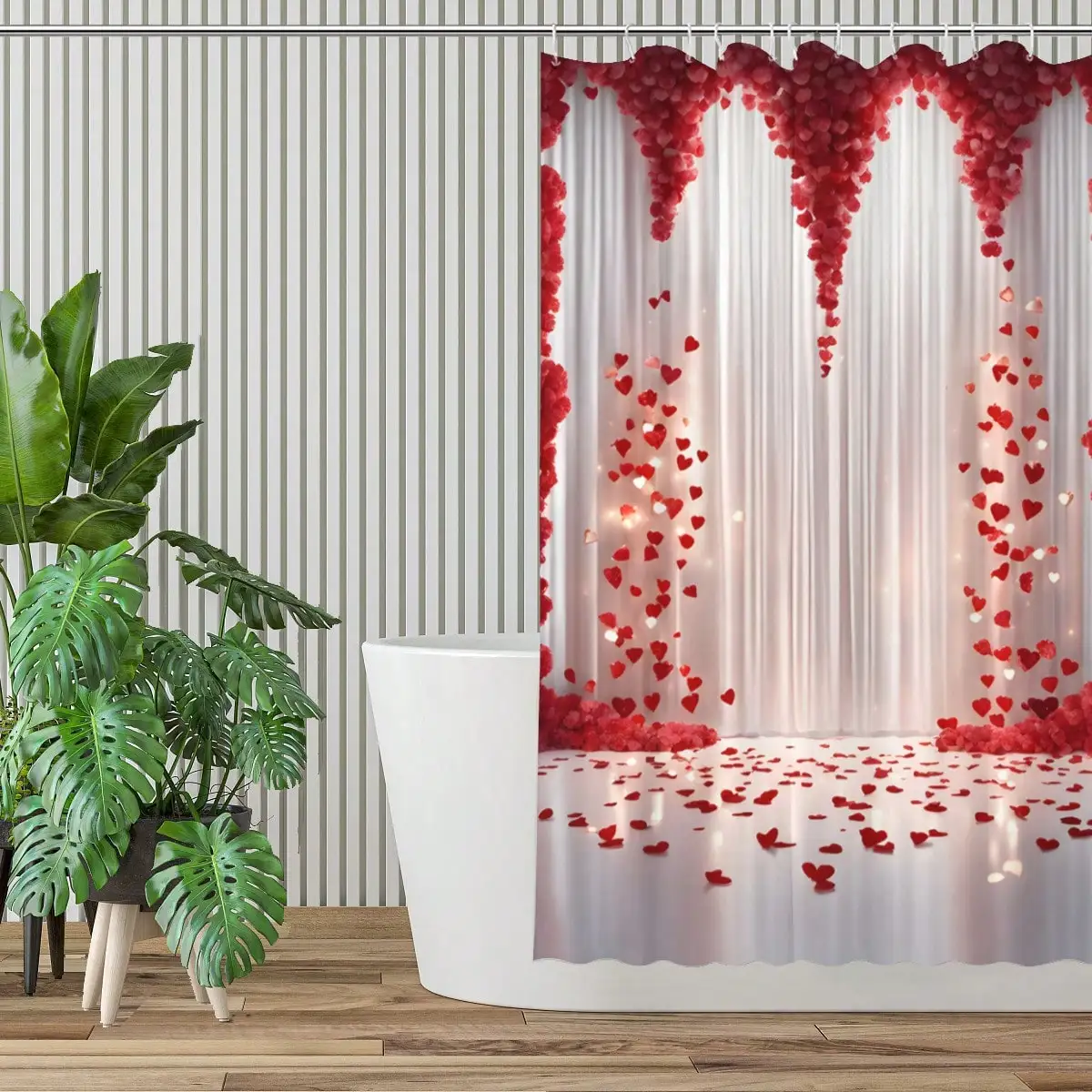 1pc Valentine\'s Day Rose-Falling-Heart Shower Curtain, Lightweight And Mold-Resistant, Suitable For Bathroom/Vanity