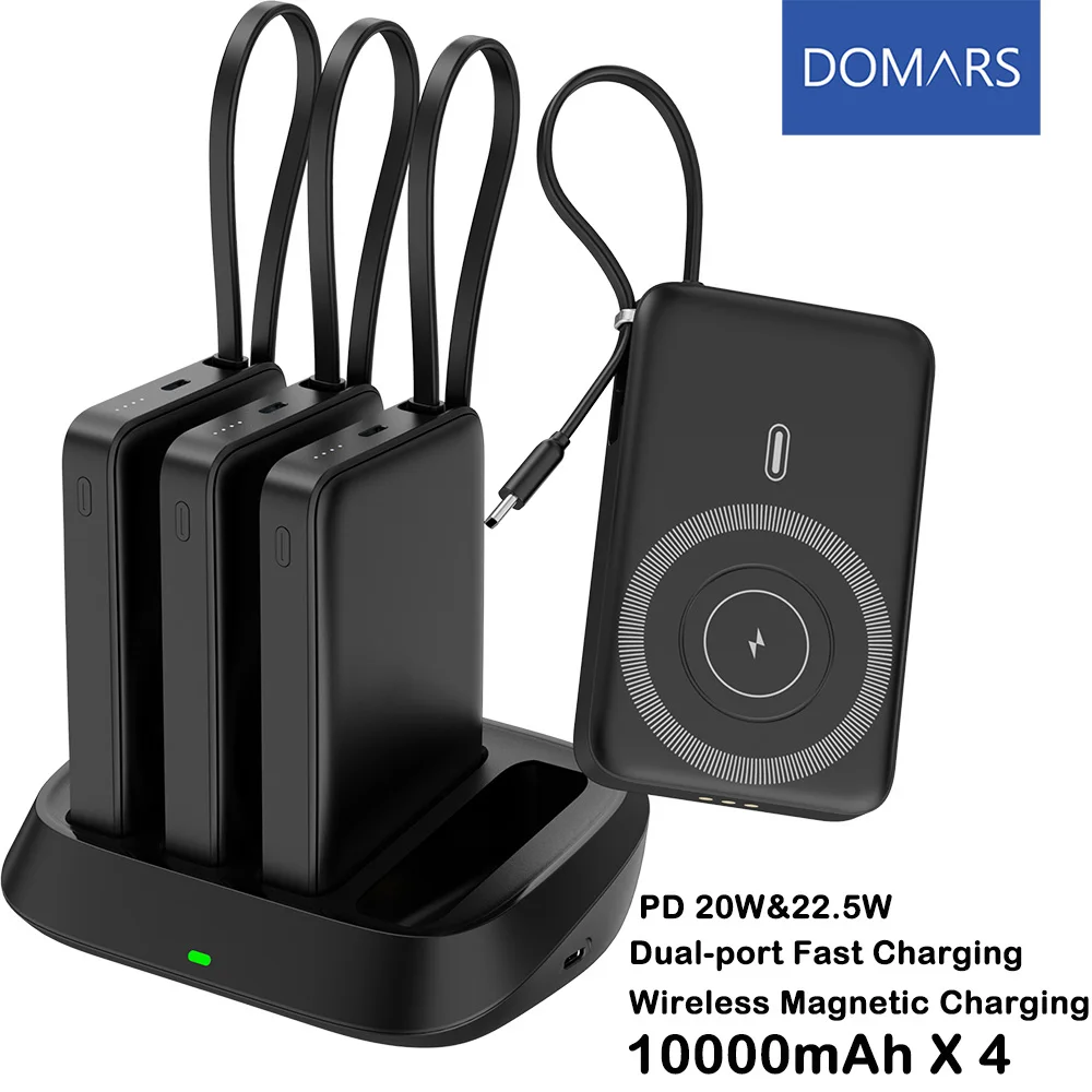 

Магнитный внешний аккумулятор Domars 4x10000 мАч с быстрой зарядкой PD 22.5W, встроенным кабелем Type-C и беспроводной зарядной станцией