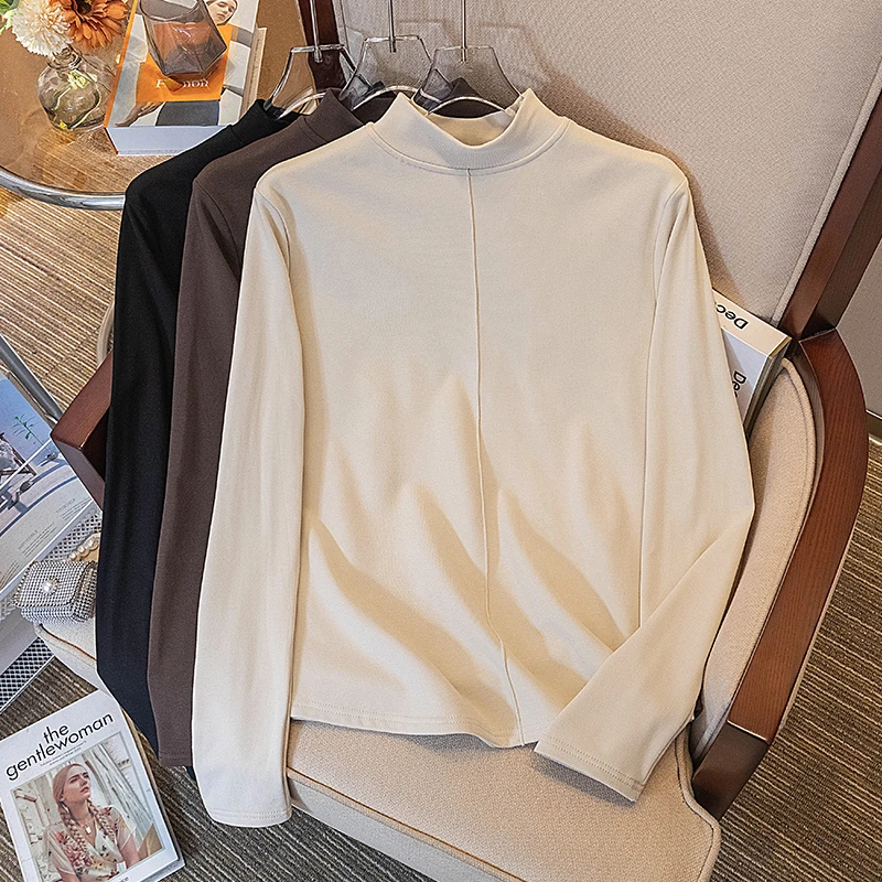 

Autumn Winter Fleece Thicken Women Bottoming T-shirt Solid Color Temperament Half High Collar Warm All-Match Simple Female Tops