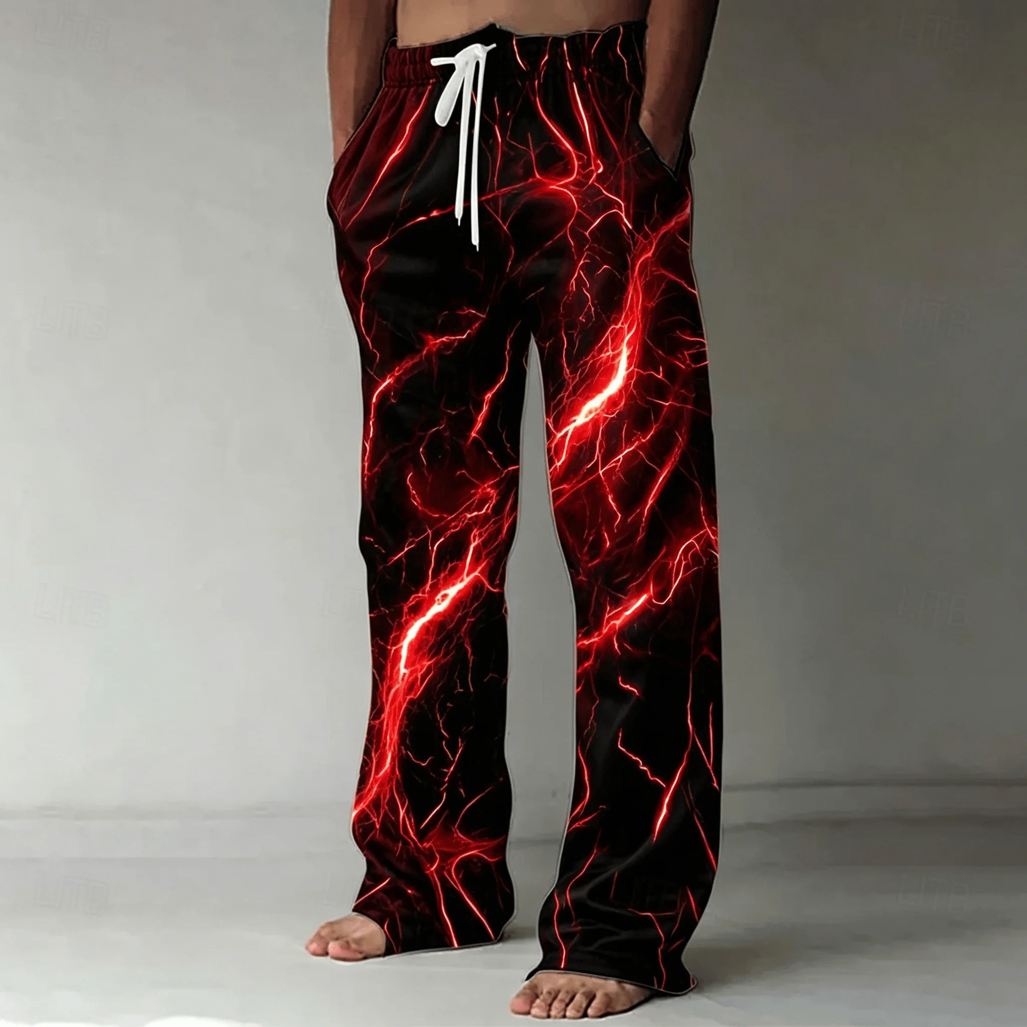 Herren-Hose mit Feuer-Blitz-Print und Kordelzug, Lässige Weite Hose für Frühling & Sommer Streetwear – Detail 4