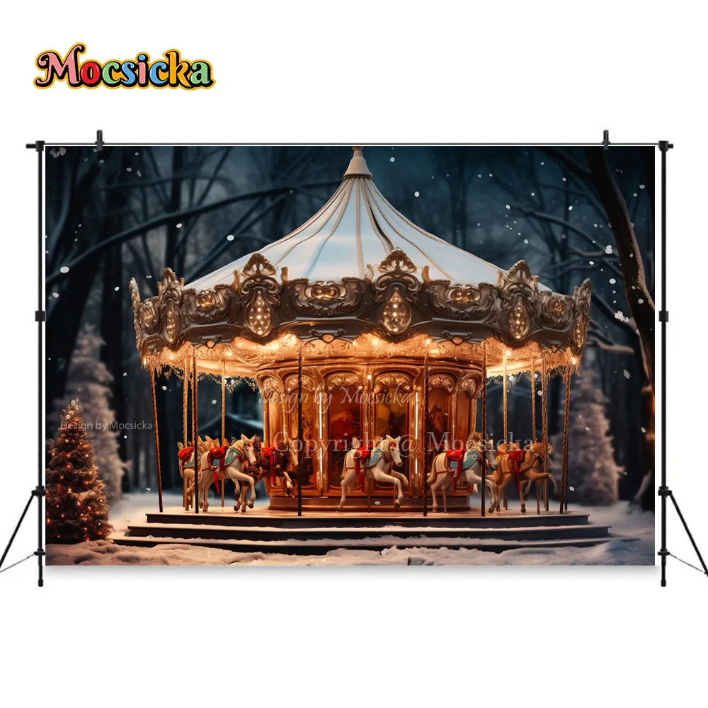 Christmas Carousel Backdrop Photography Prop Winter New Year\'s Eve Snow Forest Background Banner Girl Baby Portrait Photo Studio