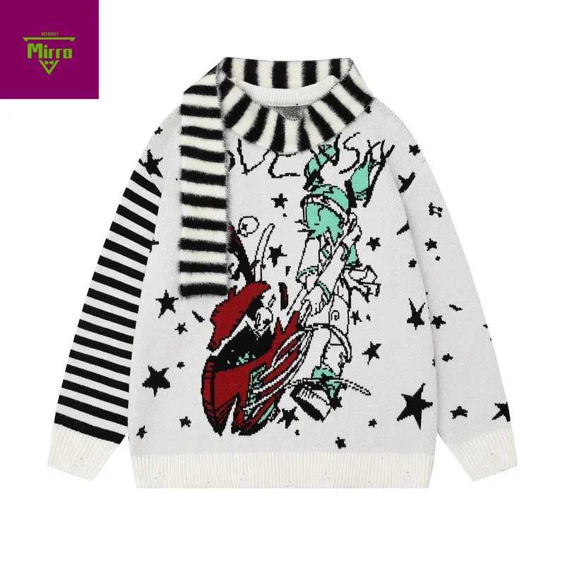 

Japanese Retro Black White Triped Knitted Sweater with Scarf in Autumn and Winter Loose Lazy Cartoon Anime Harajuku Sweater