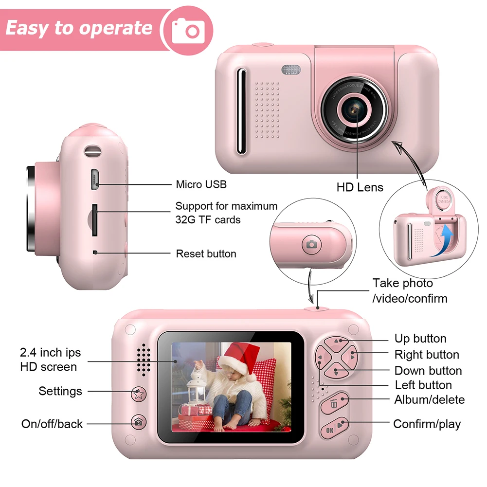 

2.4inch Screen 40MP 1080P Dual Lens Kids Camera Children Birthday Gift Cartoon Cute Digital Camera