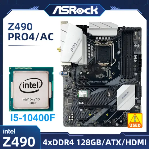 Asrock Z490 PRO4/AC Motherboard +i5-10400F cpu intel Z490 Motherboard LGA 1200 DDR4 128GB ATX support 10700F 10100 10105 cpu