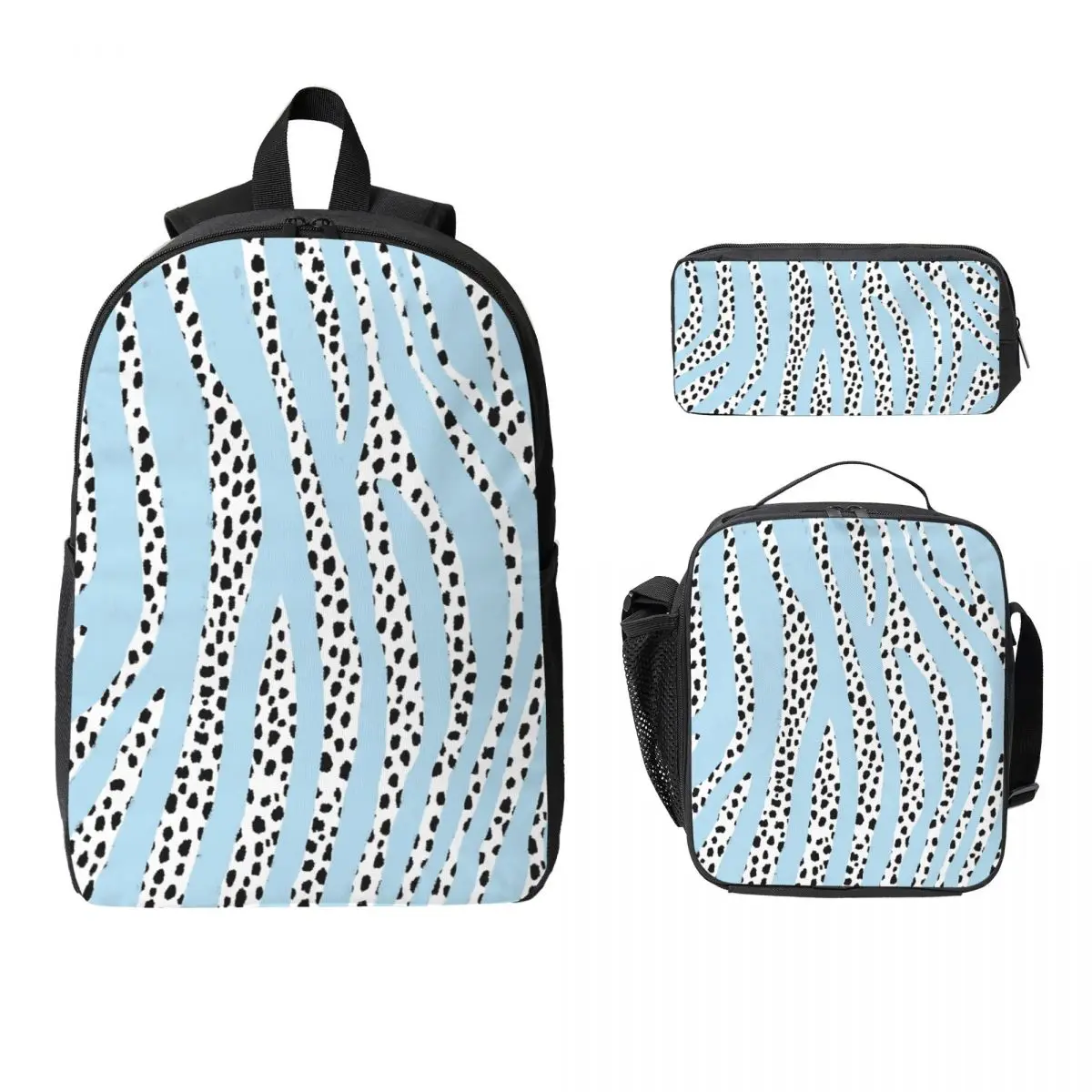 

Dalmatian Polka Dot Spots And Zebra Stripes Backpack Student Boys Girls BookBag School Bag 3ps Insulated Lunch Bag Pencil Case