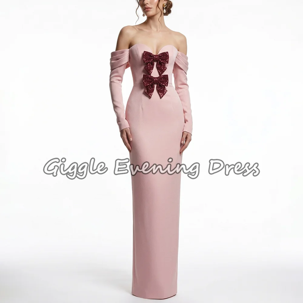 

Fashion Crepe Off-Shoulder Evening Dresses with Bows Pink Mermaid Sweetheart Pleated Floor Length Long Prom Party Gowns Formal