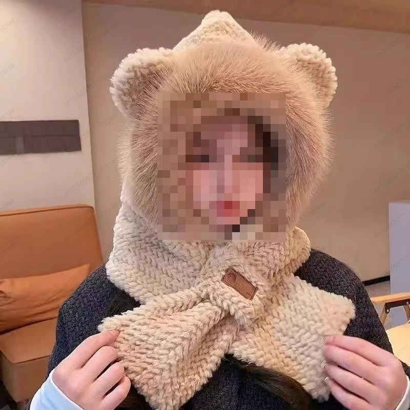 Thickened One-Piece Fox Ear Scarf Hat Winter Warm Ear Protection Neck Warmer Fashionable for Men Women Children Babies