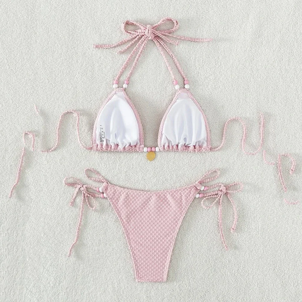 Conjunto de microbikini rosa con Tanga para mujer, bañador Sexy con cordón de cuentas, Mini traje de baño con cordones, Bikini triangular