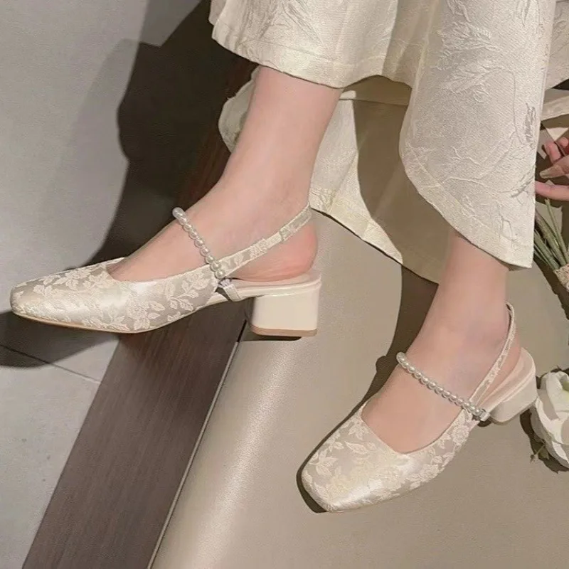 Baotou Thick Heel Shoes Summer New Square Head Shallow Mouth Women's Shoes After Pearl Empty Embroidered Sandals