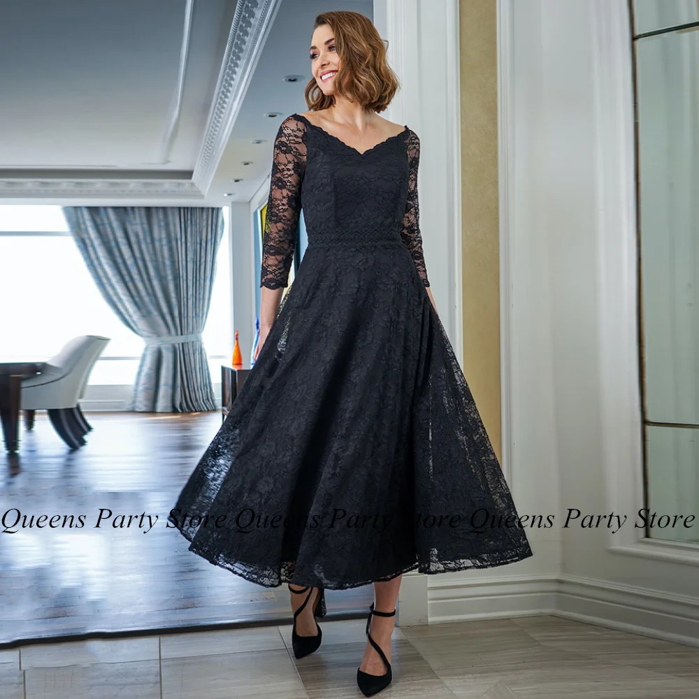 

Black Lace Mother of The Bride Dress Groom's Mom Short Party Gown V Neck 3/4 Sleeves Tea Length A Line Wedding Guest Dresses