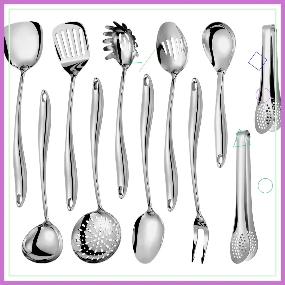 

11-Piece Stainless Steel Kitchen Utensil Set with Mirror Polish, Dishwasher Safe - Spatula, Spoon, Ladle & More