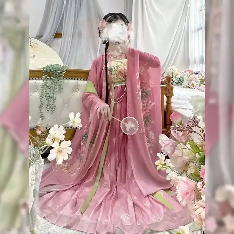 

Chinese Hanfu Dress Women Carnival Fairy Cosplay Costume Party Dress Vintage Tang Dynasty Embroidered Pink Hanfu Dress Plus Size