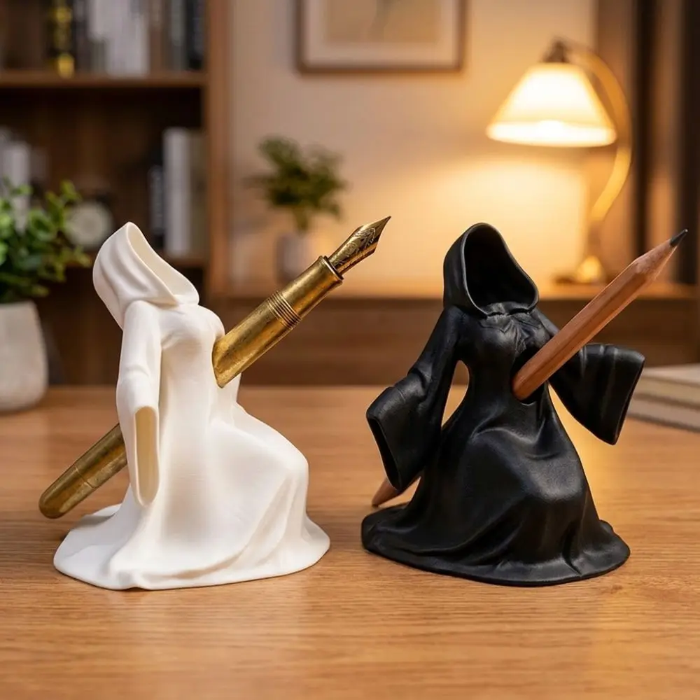 3D Printed Halloween Ghost Pen Holder Dark Gothic Hooded Phantom Pencil Rest Robe Novelty Stationery Display Rack Home Office