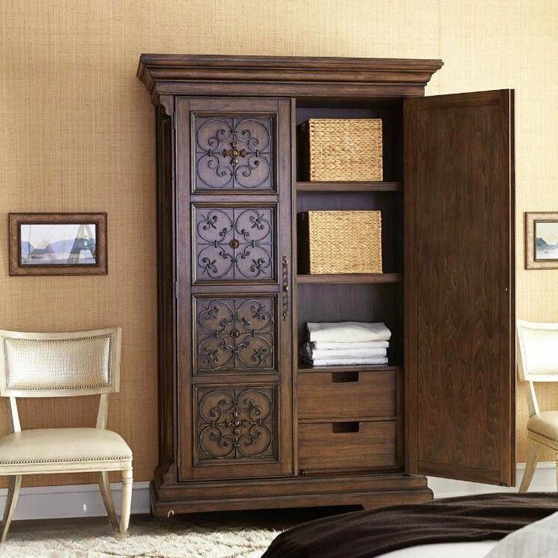 European wardrobe solid wood bedroom American French wooden log locker luxury custom two-door oak wardrobe