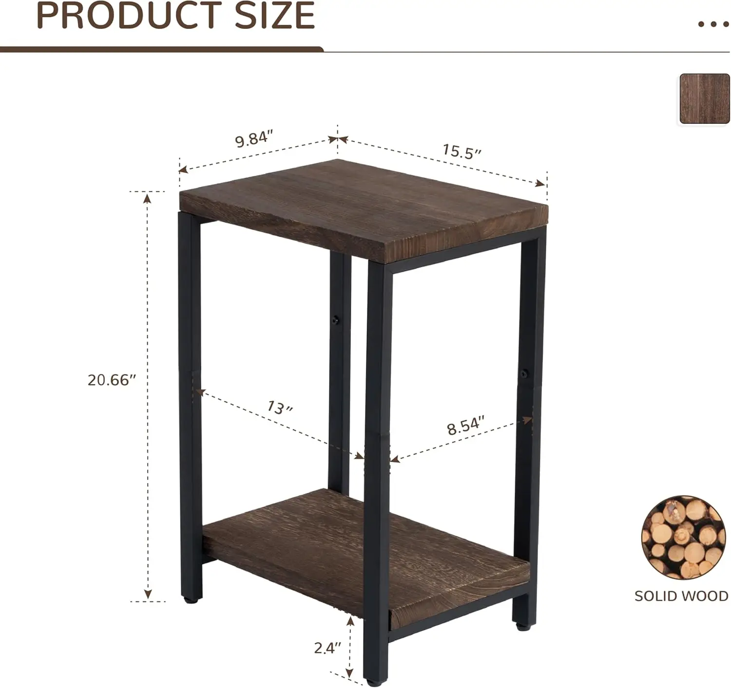 

Real Solid Wood End Tables, Side Tables, Small Table With 2-Tier Storage Shelf, Nightstand For Living Room, Bedroom, Office,