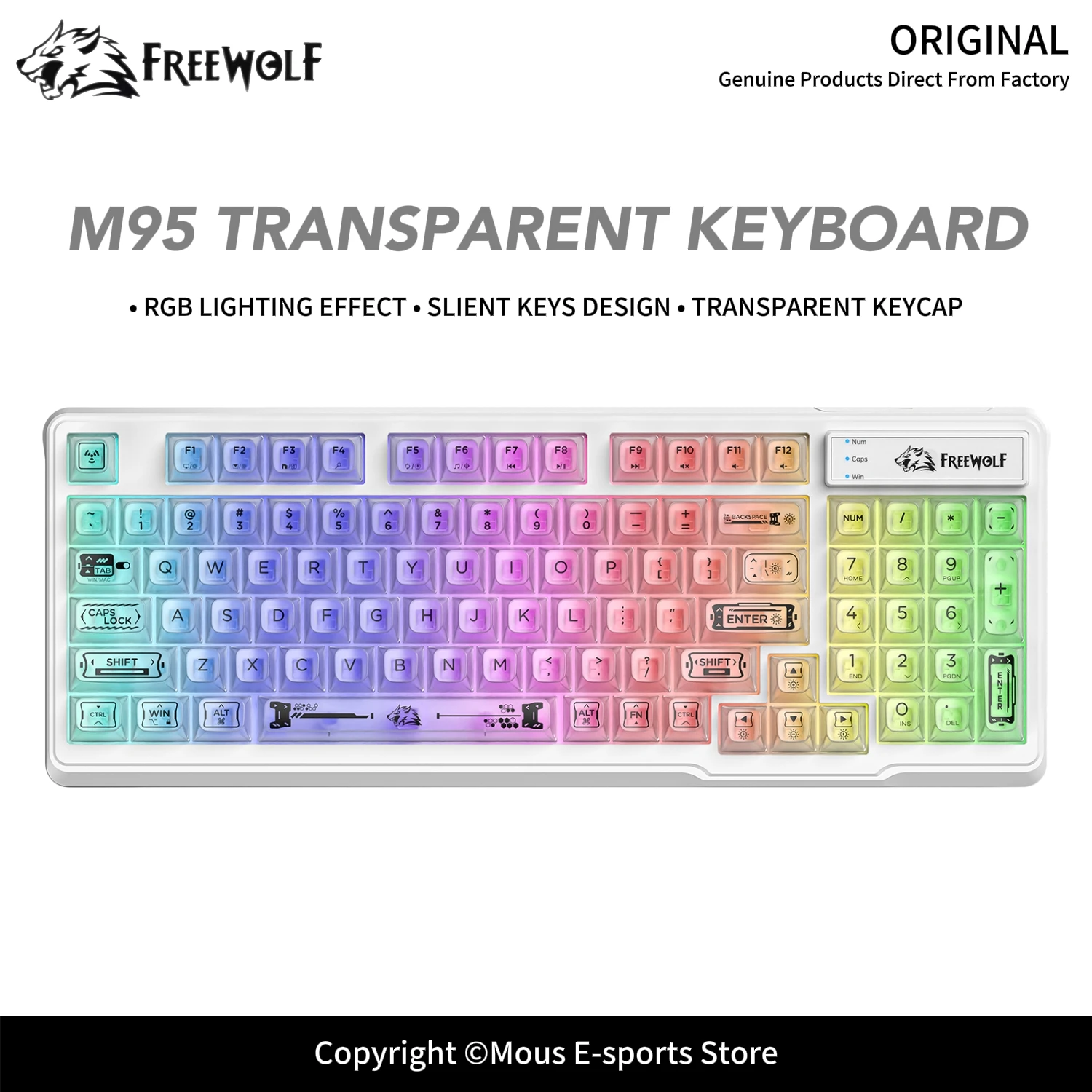 M95 Transparent Keycaps RGB Backlit FREEWOLF Ergonomic Keyboard Multi-System Compatibility USB Type-C Plug-and-Play for E-Sports