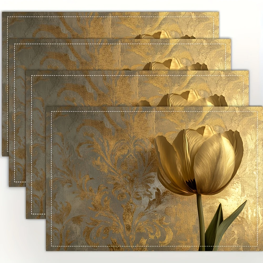 Golden Tulip Damask Printed Placemats Luxury Floral Table Decor Vintage Texture Cabinet Display Elegant Dining Home Decor