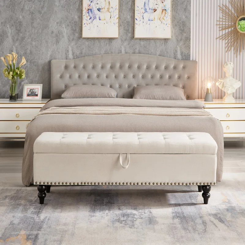 Banco de cama otomano com armazenamento tecido bege no quarto como banco final de cama design contemporâneo fácil montagem multifuncional
