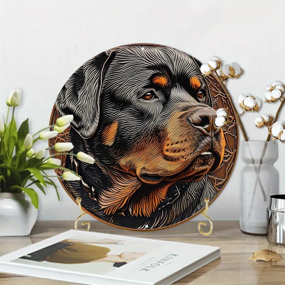 Spring Aluminum Sign Faux Embossing Painted Round Wreath Sign Bedroom Decoration Pet Lovers Gifts Rottweiler Themed Decoration