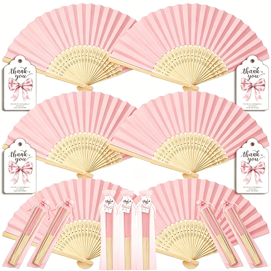 30/60pcs Pink Folding Hand Fan Set, Includes Thank You Card And Gift Bag Bride's Bamboo Hand Fan Wedding Decor Summer Accessory