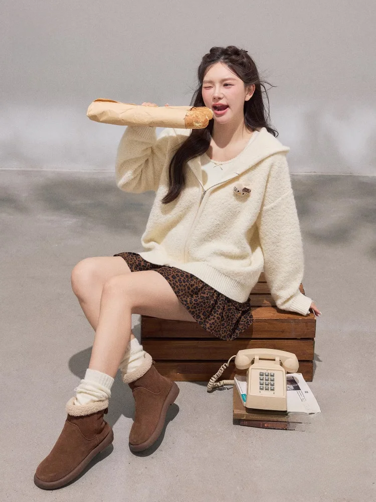 

Зимний наряд больших размеров, белый пушистый комплект из толстовки и юбки с леопардовым принтом, корейский комплект Sle Faion для полных сестер мм