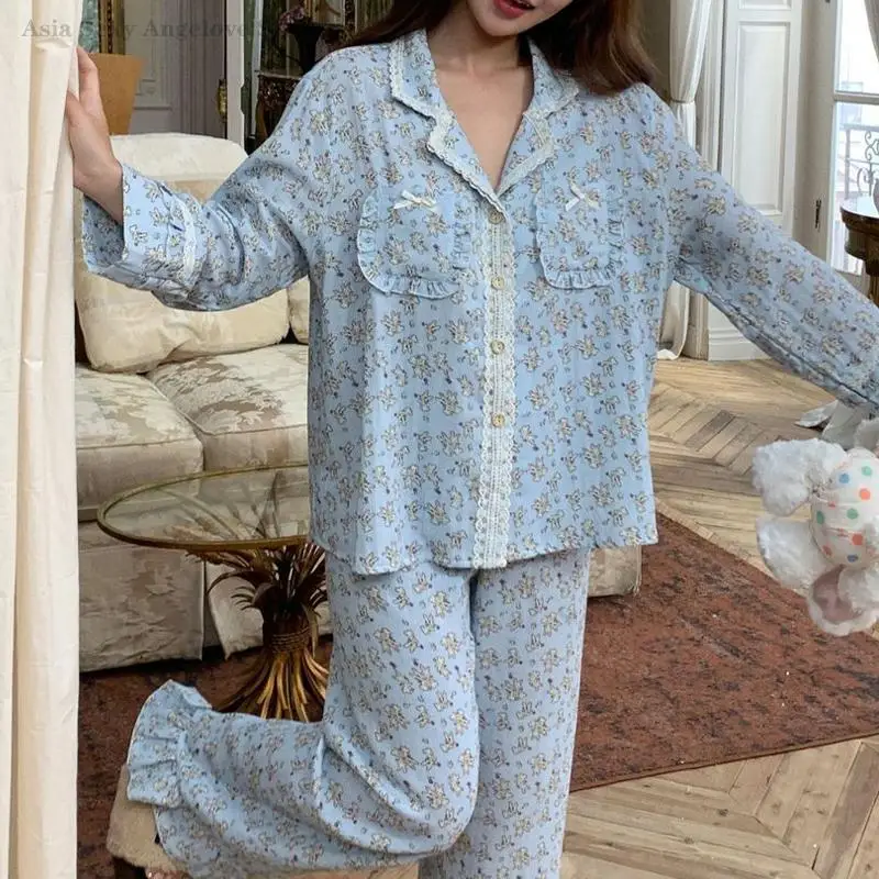 

Хлопковый пижамный комплект с цветочным принтом, новинка весна-осень, домашняя одежда для сна, топ с длинным рукавом и кружевной отделкой и брюки, ночная одежда, одежда для дома