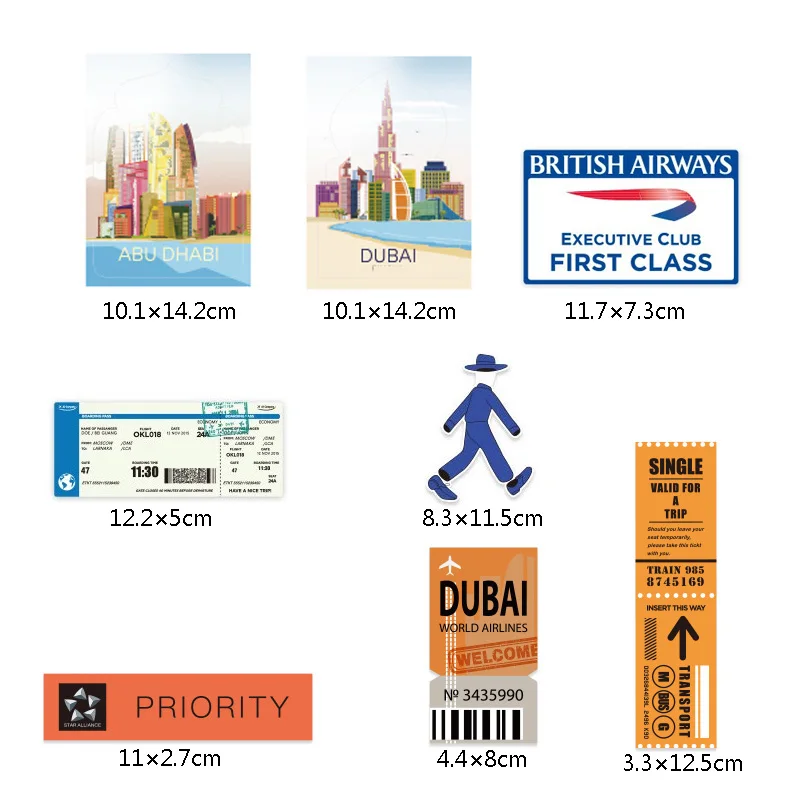 Stickers 8 Pcs/Set City travel Stickers DubaI Pegatinas Abu Dhabi Decals Vinyl Suicase Laptop Skateboard Guitar Deco