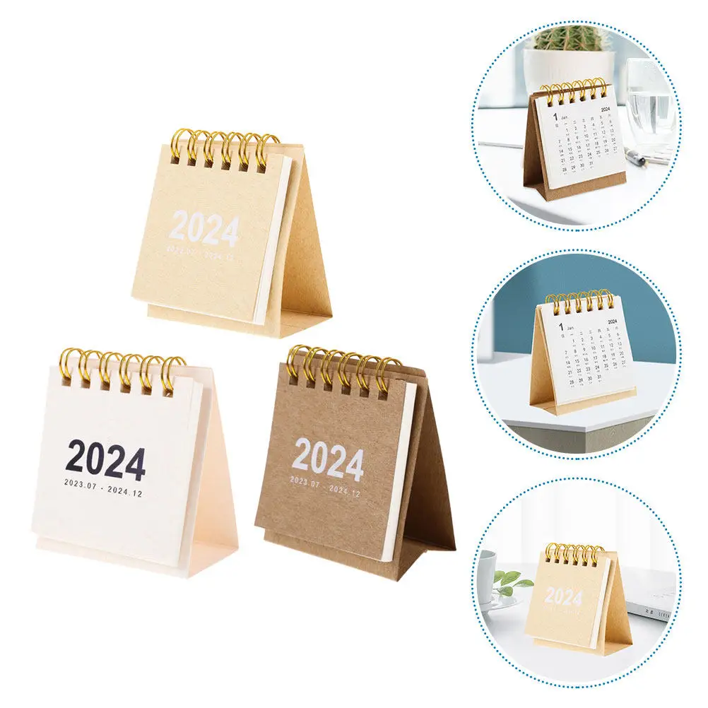 3Pcs Mini Calendar 2024 Desktop Standing Calendar Thick Paper Daily Use Monthly Planner for Teachers Students Office Workers