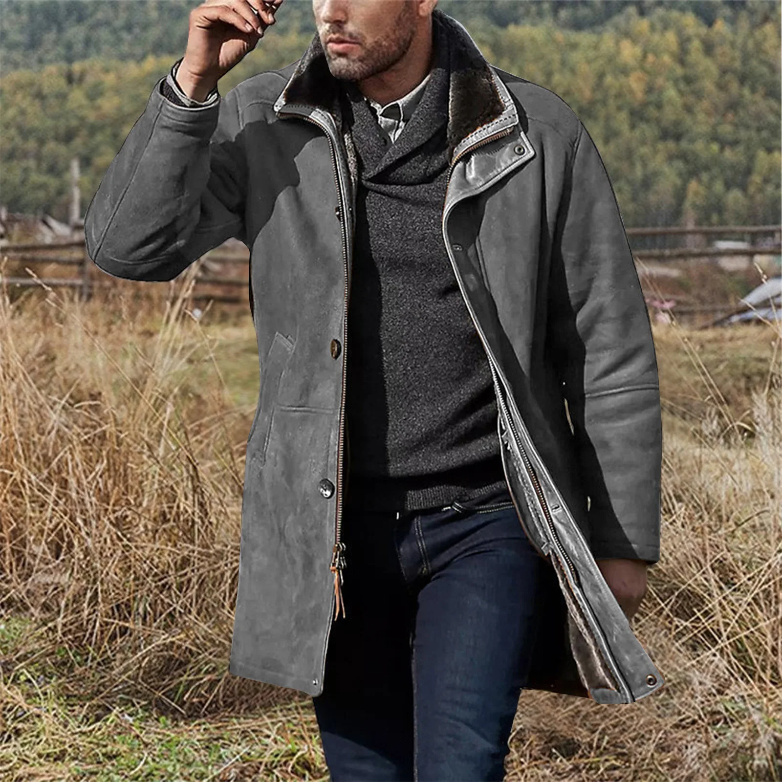 

Зимняя мужская однотонная рабочая одежда с карманами на пуговицах, повседневная удобная длинная уличная куртка, подходящая для повседневной носки