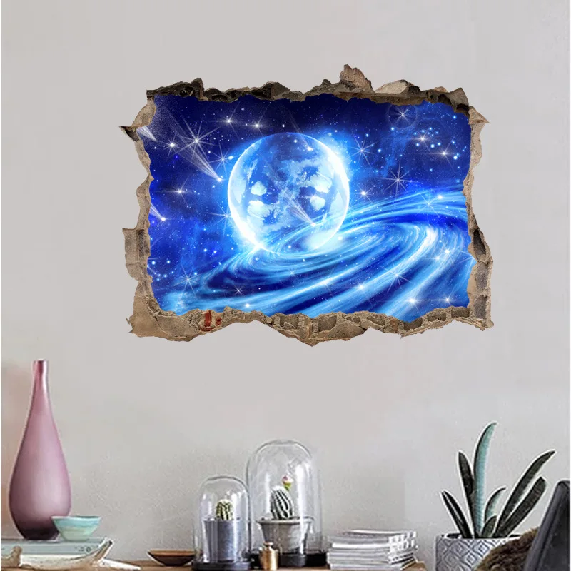 Beautify decorative window stickers Universe planet blue starry sky background 3D broken wall false window stickers