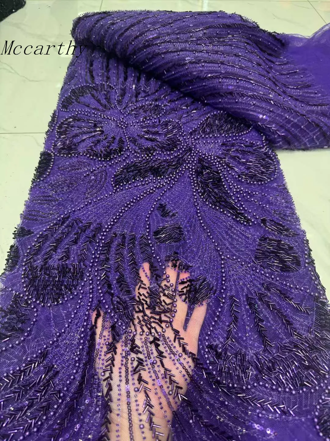 

Luxury Purple French Tulle Lace Fabric with Sequins Beads for Bridal Dress Nigerian Groom High Quality African Wedding Gown Ma