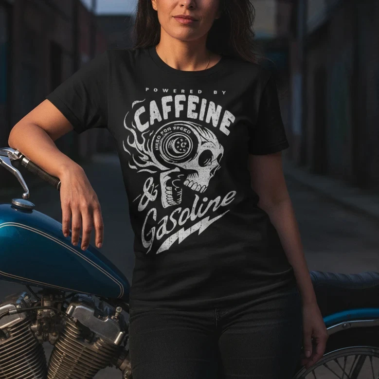 Powered By Caffeine & Gasoline Men T‑Shirt Skull Tire Flame Graphic Sleeve Car Mechanic Summer Casual Tops Family Matching Tees