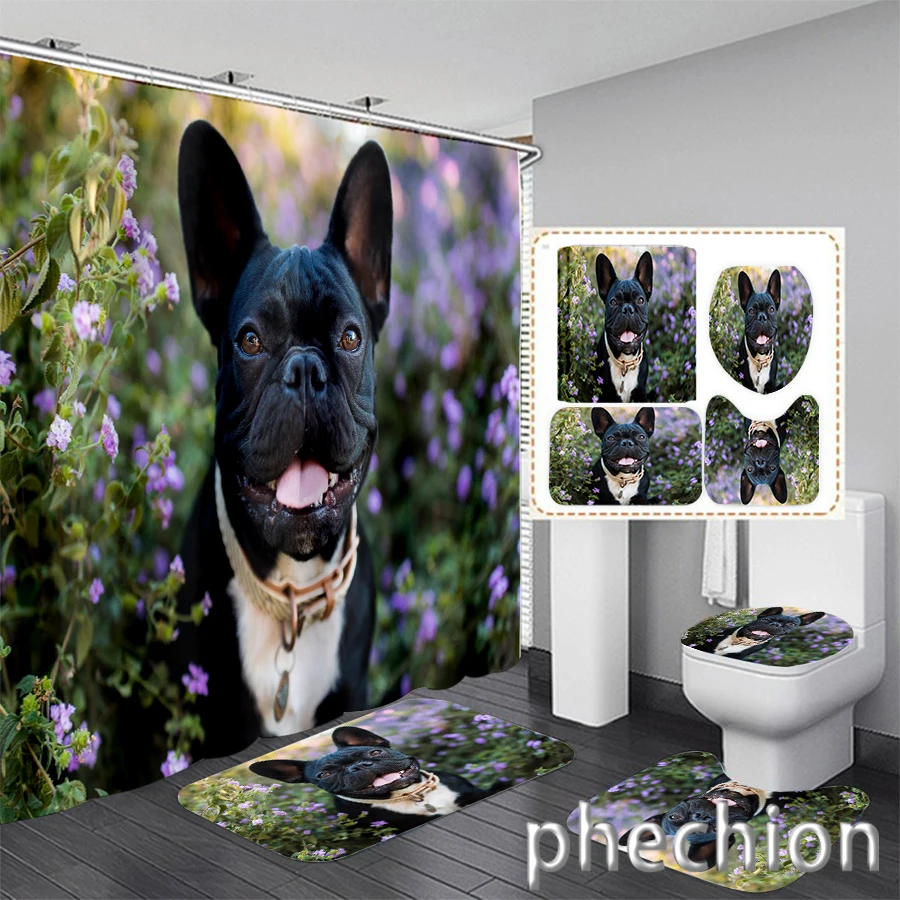 New 3D Print French Bulldog Shower Curtain Waterproof Bathroom Curtain Anti-slip Bath Mat Set Toilet Rugs Carpet VR77