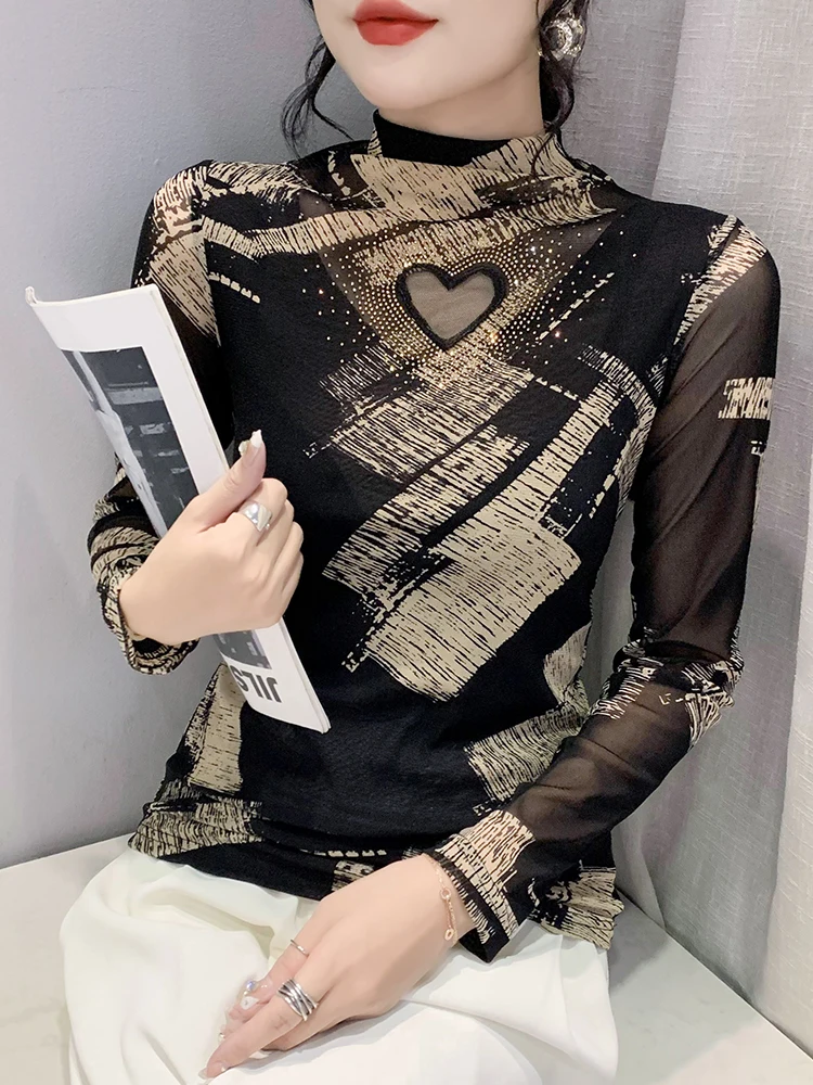 Damska bluzka z półgolfem, długa, z wycięciami, zdobiona diamentami, seksowna, obcisła bielizna, modna.