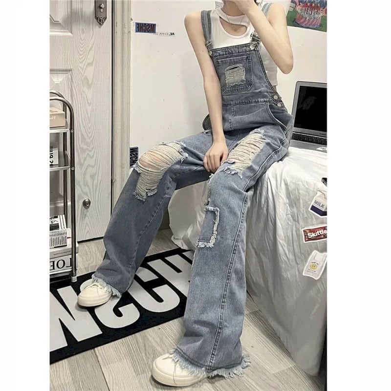 Denim Jumpsuits Women One Piece Outfits Women Rompes Loose Hole Design American Style Casual Vintage Playsuits Women Clothing