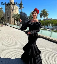 Black Mermaid Flamenco Dancing Prom Party Gowns with Tiered Skirt Long Sleeves Occasion DressesFALDA DE FLAMENCA Customized