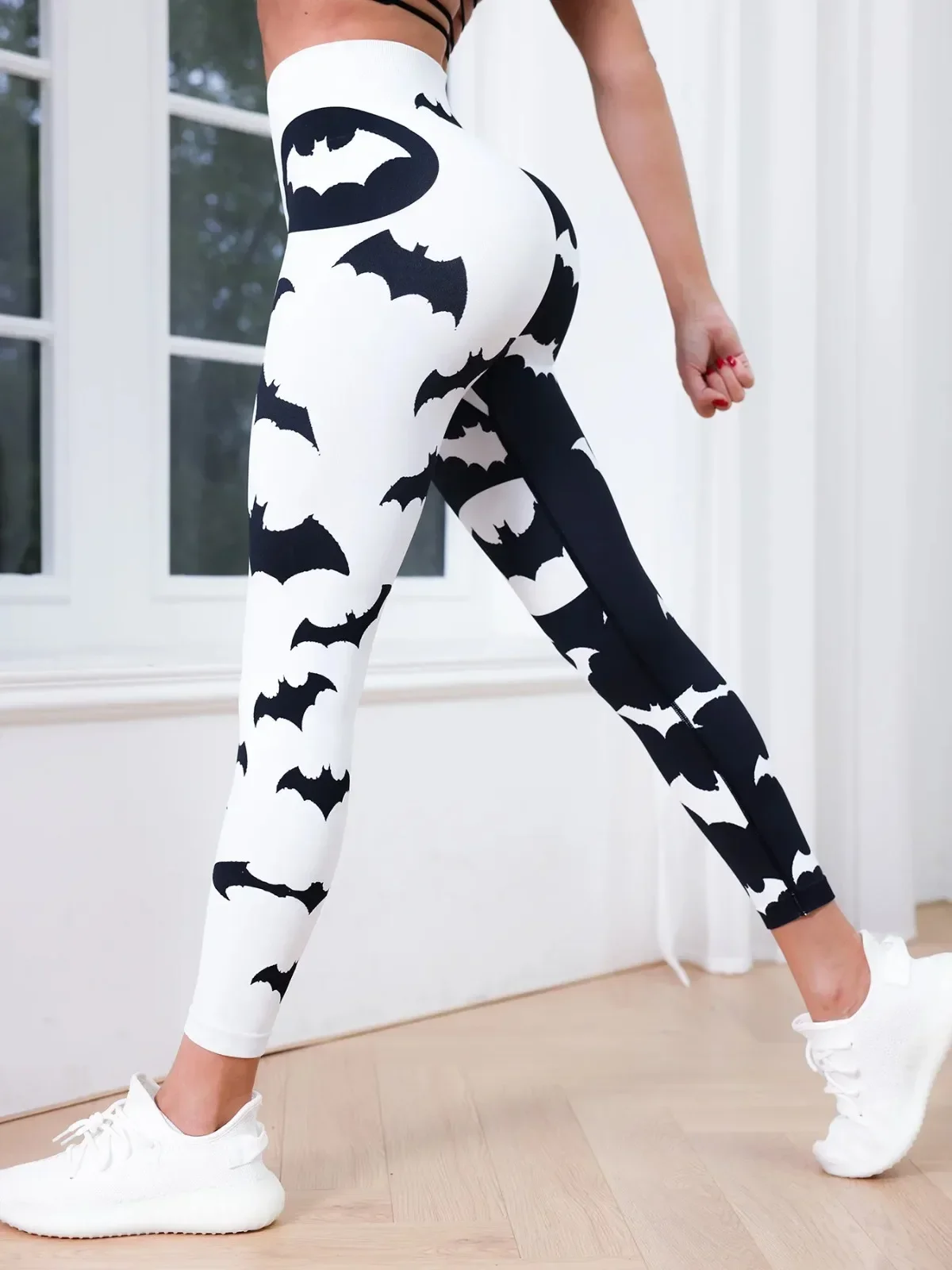 Women Yoga Leggings Black White Bat Printed Seamless Sexy High Waisted Fitness Exercise Gym Leggins Running Sports Pants Mujer