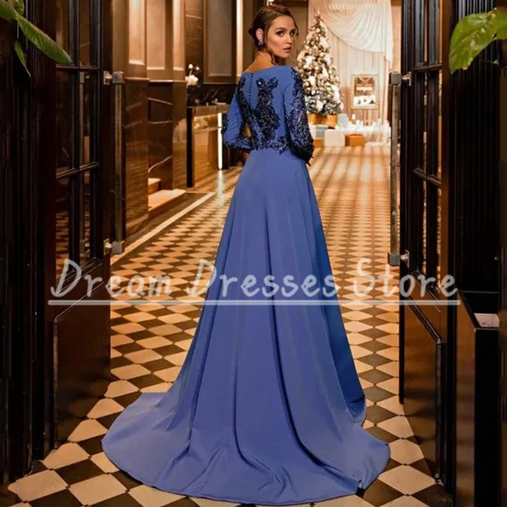 Elegant Scoop Long Sleeve Evening Dresses Applique Beading A-Line Floor Length with Sweep Train Women Formal Party Gowns