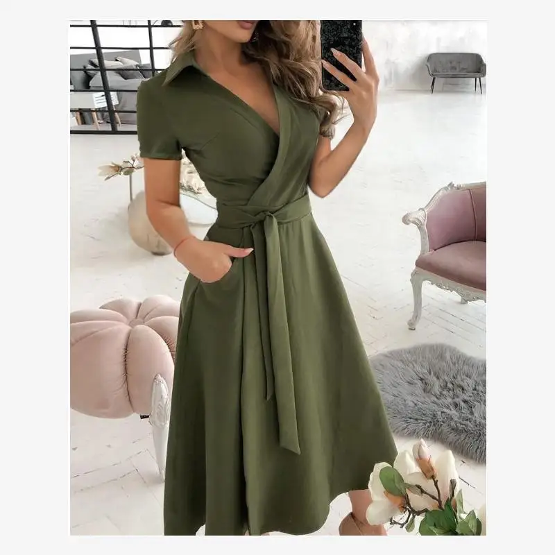 Faionable Long Sve V-Ne impreso Wrap Dr Primavera Verano ropa de mujer viaje Sle fibra de poliéster cintura media