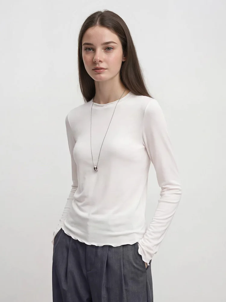 Women Ruffled Edge T-Shirt Spring Autumn 6% Mulberry Silk Non-Ironing Slim Long Sleeve Bottoming Tops