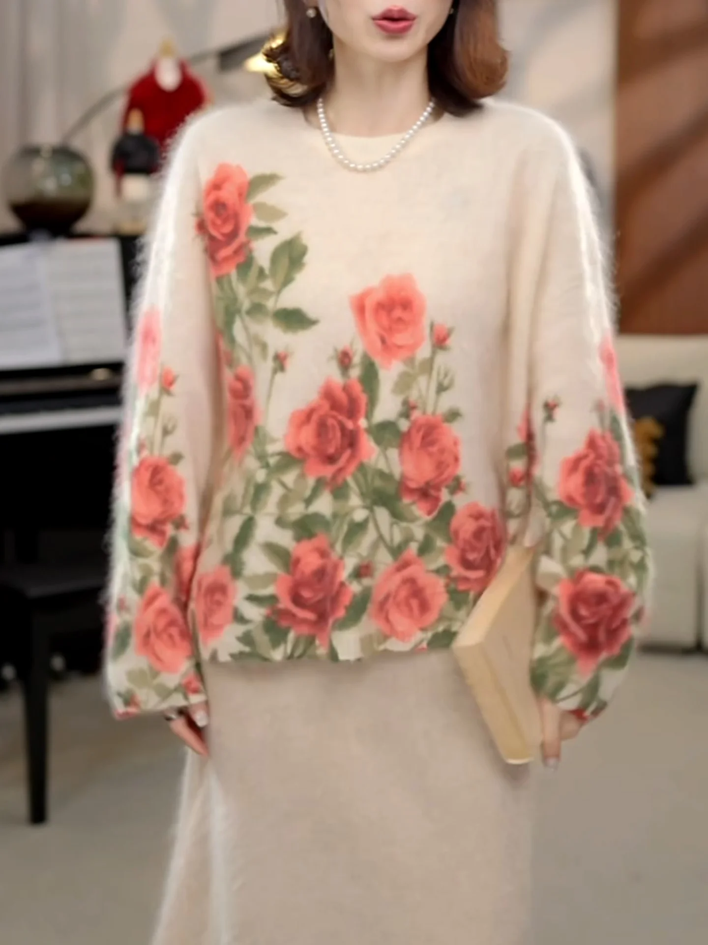 

Fall Winter Large Size Faionable Knitted Sweater Women's Beige Fluffy Overhead Knitwear Embroidered Comfortable Warmth