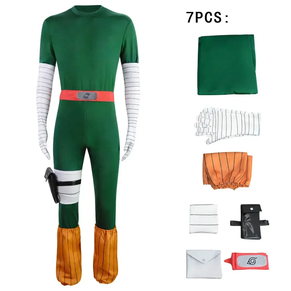 Halloween Party Men Cos Anime Ninja Rock Lee Costume Cosplay Uomo Uniforme da combattimento Eroe Tuta attillata Accessorio