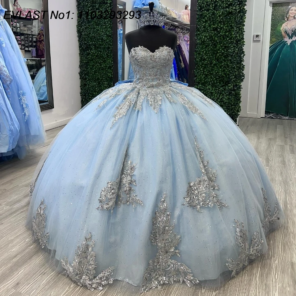 EVLAST Customized Luxury Sky Blue Quinceanera Dress Ball Gown Silver Lace Applique Beaded Sweet 16 Vestido De 15 Anos E1Q208