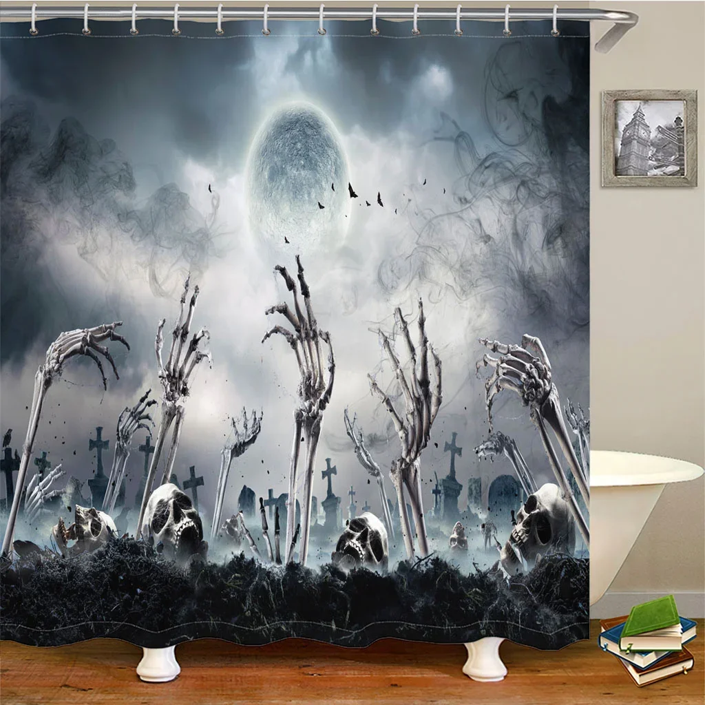 Black Skeletons Crawling out of Graveyards Scary Halloween Shower Curtain Set for Bathroom Bath Waterproof Fabric with 12 Hooks