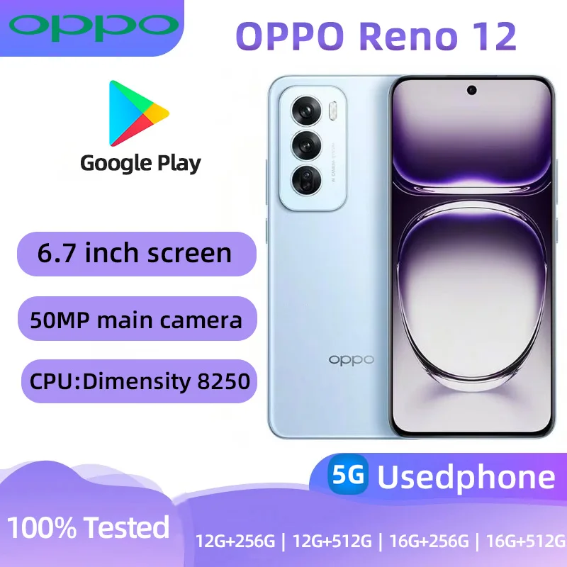 OPPO Reno 12 5G SmartPhone CPU Dimensity 8250 6.7-Inches AMOLED Screen 80W Super VOOC 5000mAh Android  Used Phone