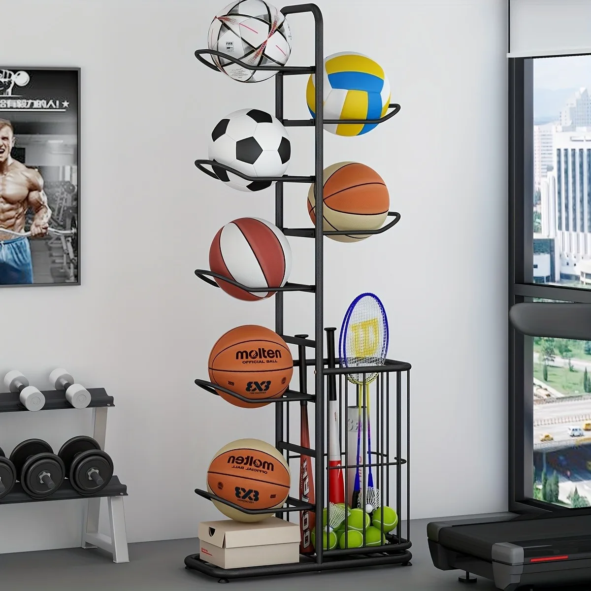 

Black Basketball Football Volleyball Storage Rack Standing Basketball Holder Vertical Ball Sports Equipment Storage Organizer