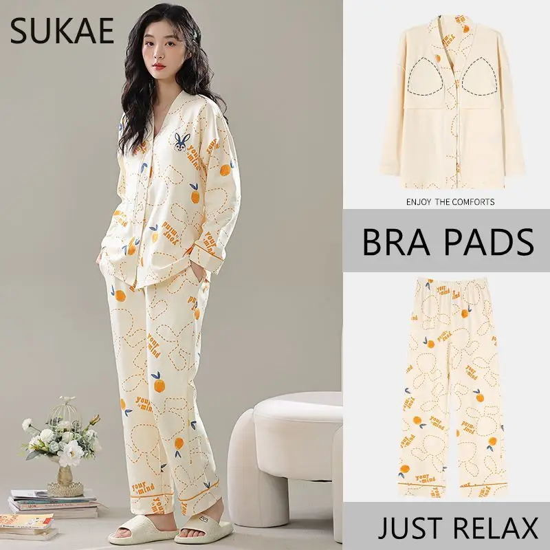 SUKAE Spring New Chest Padded Women Sleepwear Casual Kimono V-neck Long Sleeve Cardigan Mujer Floral Pajama Set M-3XL Loungewear