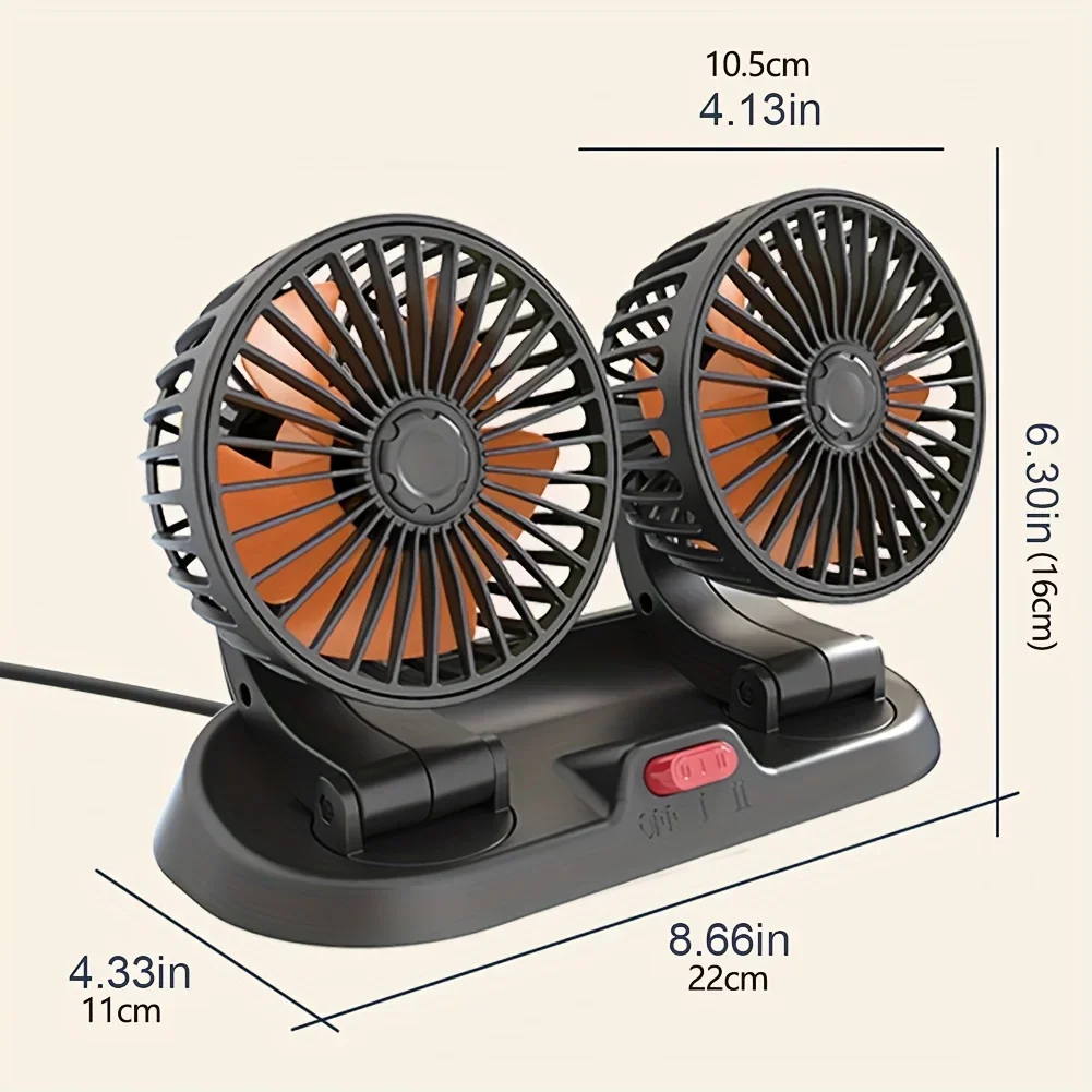 Ventilador de refrigeração do carro ajustável, 360 °, duas cabeças, sem escova, baixo ruído, automotivo, ventilador elétrico para painel, RV,